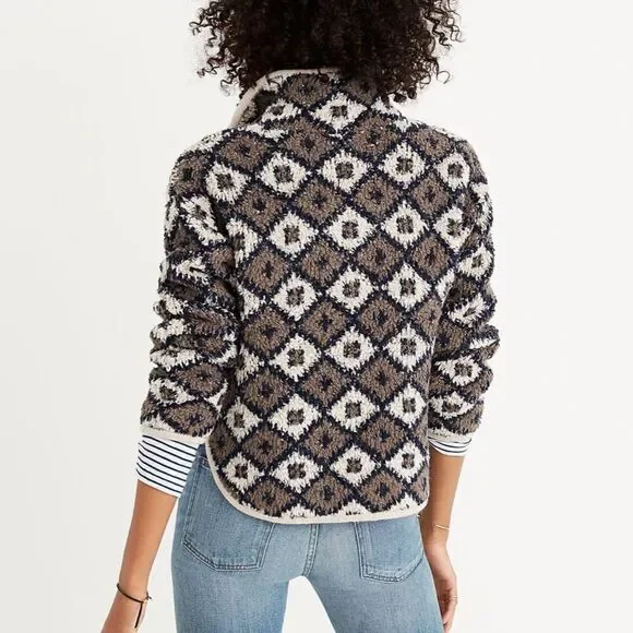Madewell Popover Sweater Fuzzy Teddy Bear Style Fleece 1/4 Zip Diamond Print M - Picture 14 of 15